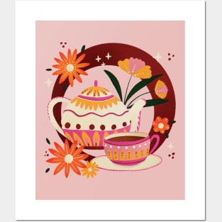 Pink and orange retro teapot and cup and flowers Posters and Art